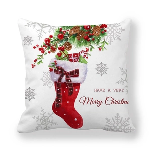Housse de coussin de Noël en peau de pêche avec chaussette aquarelle et texte de vœux