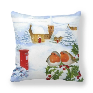 Macro detail of Christmas peach skin pillow cover with robin bird and mailbox illustration