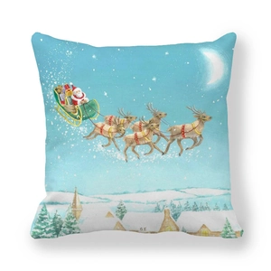 Detail of Christmas peach skin pillow cover with Santa Claus and reindeer sleigh illustration