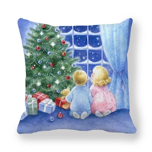 Christmas peach skin pillowcase featuring a cozy watercolor winter scene with kids and tree