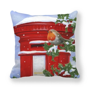 Christmas pillow cover with winter robin on red mailbox in peach skin fabric