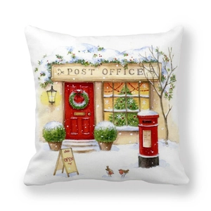 Christmas Peach Skin Pillow Case with hand-painted Post Office watercolor illustration