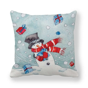 Christmas snowman pillow cover in peach skin fabric with festive watercolor illustration
