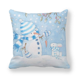 Watercolor snowman and rabbit Christmas pillowcase in peach skin velvet fabric