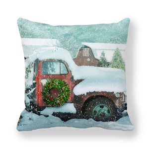 Macro detail of Christmas peach skin pillowcase with vintage red truck and snow scene