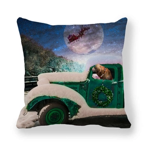 Detailed print of vintage green truck and golden retriever on Christmas pillowcase