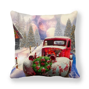 Square peach skin pillowcase with vintage red truck and snowy Christmas forest print