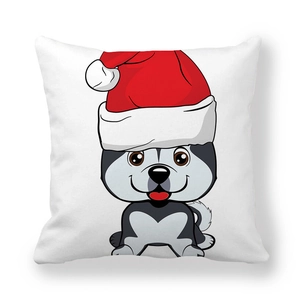 Close-up of a festive Christmas Husky pattern on a soft white peach skin pillowcase