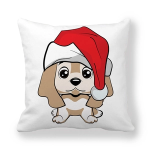 Detailed view of white Christmas pillowcase with cartoon dog wearing a red Santa hat