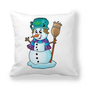 Detail of Christmas snowman pillow cover featuring a teal cup hat and purple scarf