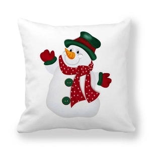 Detail of Christmas snowman pillowcase with soft peach skin texture and winter theme