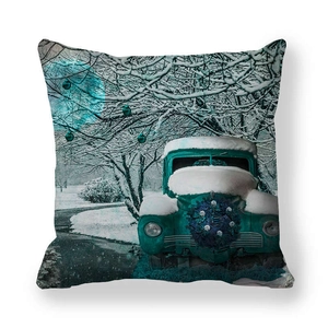 Winter Christmas landscape pillow case featuring a vintage turquoise truck in the snow