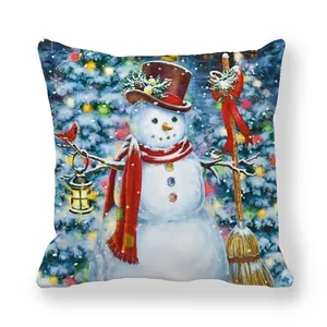 Square Christmas snowman pillowcase with festive holiday lights and snowy tree design