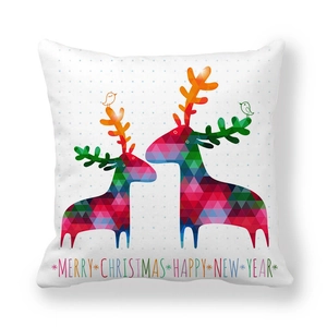 Fodera per cuscino natalizia bianca con cervo geometrico e scritte festive colorate