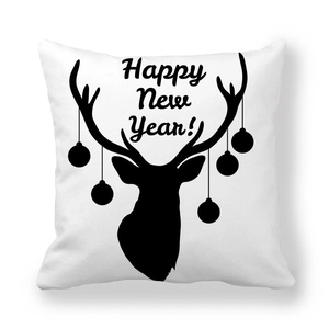 Fodera per cuscino Happy New Year con silhouette di cervo nero su tessuto bianco puro