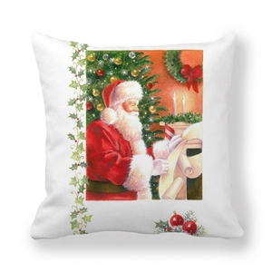 Christmas peach skin pillow case featuring Santa Claus and tree on white background