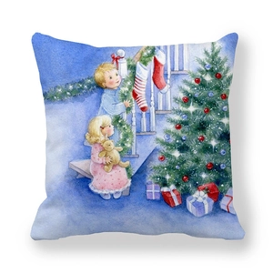 Blue Christmas peach skin velvet pillow cover featuring watercolor holiday illustration