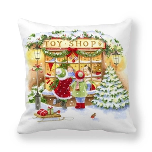 Christmas watercolor peach skin pillowcase featuring a toy shop scene on white background