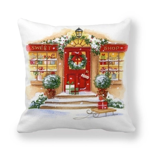 Detailed view of Christmas pillowcase featuring a sweet shop illustration on peach skin fabric