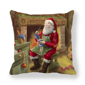 Housse de coussin carrée en peau de pêche avec imprimé Père Noël style peinture