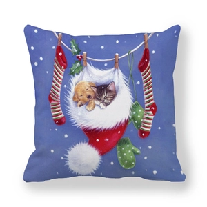 Detailed Christmas pillowcase featuring a puppy and kitten in a festive stocking print