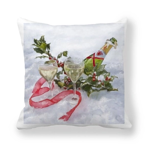 Detail of Christmas peach skin pillowcase with festive champagne and holly berry print