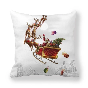Detail of Christmas pillowcase with Santa Claus and reindeer sleigh print on peach skin fabric
