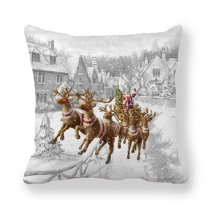 Close-up of Santa Claus on reindeer sleigh print on peach skin festive pillow cover
