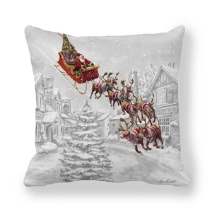 Detail of Christmas peach skin pillowcase showing Santa and reindeer sleigh illustration