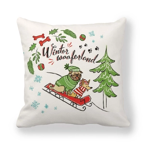 Christmas peach skin pillowcase featuring cute dogs on a red sleigh in Winter Wooferland