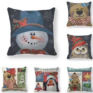 Christmas Pillowcase Peach Skin Velvet Winter Animal Illustration Decorative Cushion Cover For Sofa Home Decor Holiday Atmosphere