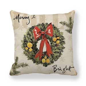 Square Christmas peach skin pillowcase with Merry & Bright wreath print on white background