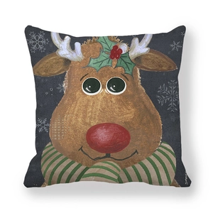 Close-up of Christmas reindeer pillowcase featuring peach skin fabric and festive illustration