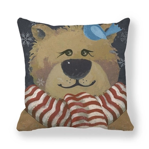 Detail of fabric texture on square pillowcase with cartoon bear and bird illustration