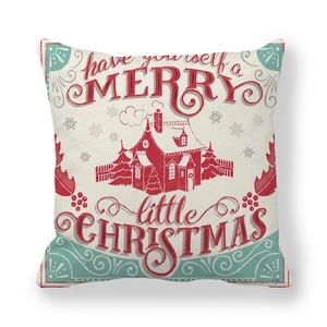 Close-up of peach skin fabric Christmas pillowcase with vintage truck and cabin print