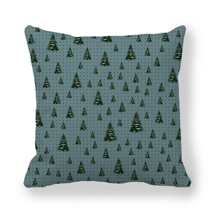 Detail of Christmas tree print on gray-blue peach skin fabric pillowcase with dots