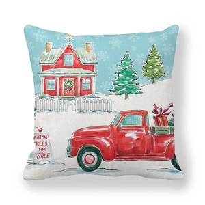 Detail of square Christmas pillowcase with red truck and pine tree festive print