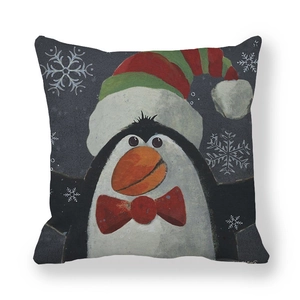 Christmas cushion cover with cute penguin illustration and white snowflakes on gray background
