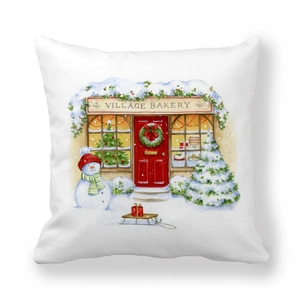 Square Christmas peach skin pillowcase featuring festive watercolor village bakery scene