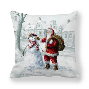 Christmas peach skin pillowcase with artistic Santa and snowman oil painting by Marcello Corti