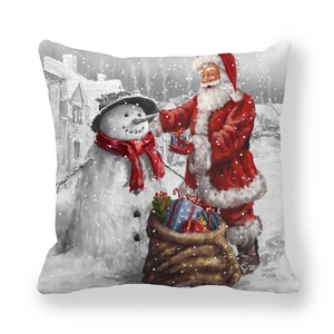 Christmas peach skin pillowcase featuring Santa and snowman illustration on white background