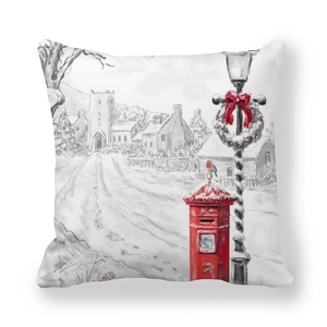Minimalist Christmas pillow case with vintage winter town sketch and red accents on white