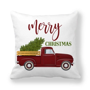 Detailed view of Merry Christmas peach skin pillowcase with red truck and tree