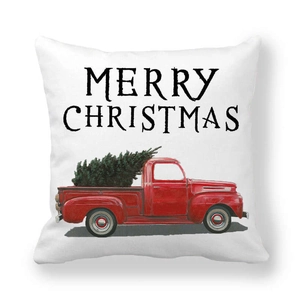 Detail of Christmas peach skin pillowcase showing vintage red truck and tree print