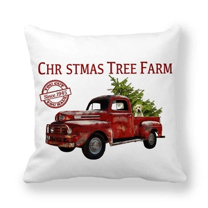 Detail of Christmas tree farm print on white peach skin pillowcase with red vintage truck