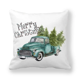 Christmas peach skin pillowcase with teal vintage truck and green pine trees