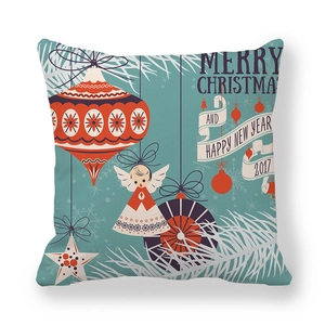Detail of Christmas peach skin pillowcase featuring vintage ornaments and angel prints