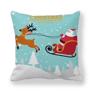 Christmas peach skin pillowcase featuring Santa on a blue background with reindeer