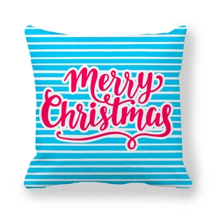 Detail of Christmas peach skin pillowcase with blue stripes and Merry Christmas text