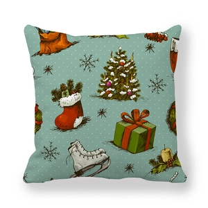 Detail of Christmas peach skin cushion cover with vintage tree and skate illustrations